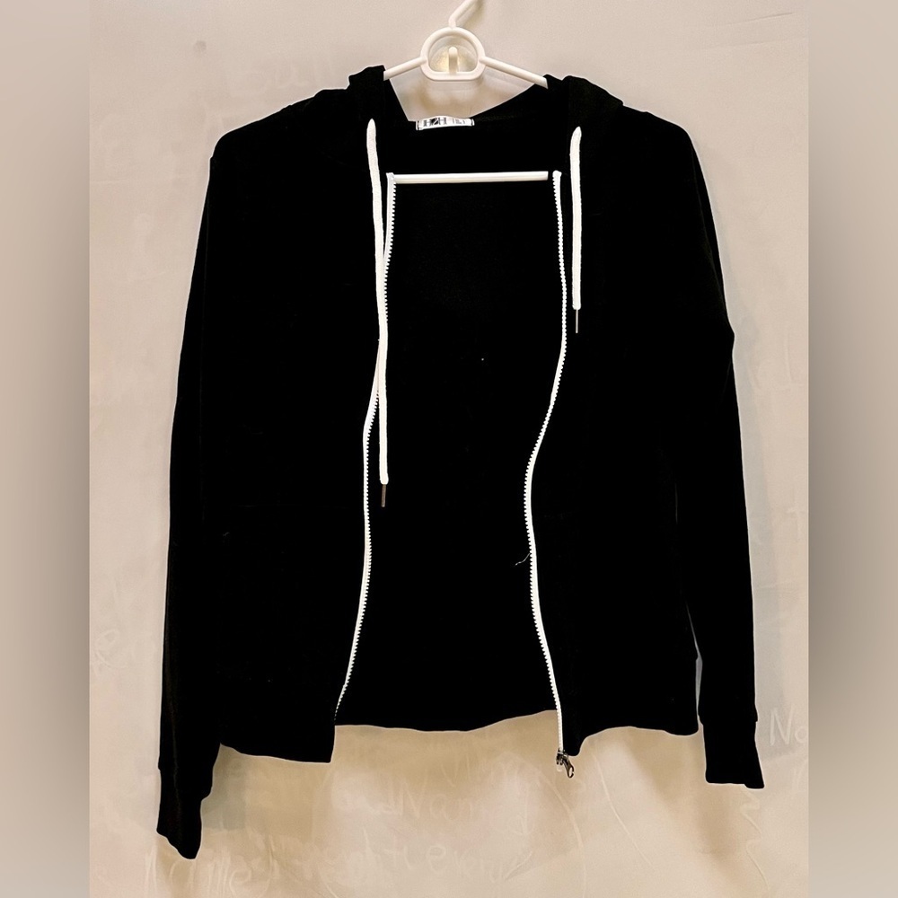 H2H Womens Black Full Zip Hoodie Sweatshirt Size Small S White Contrast Tie Trim